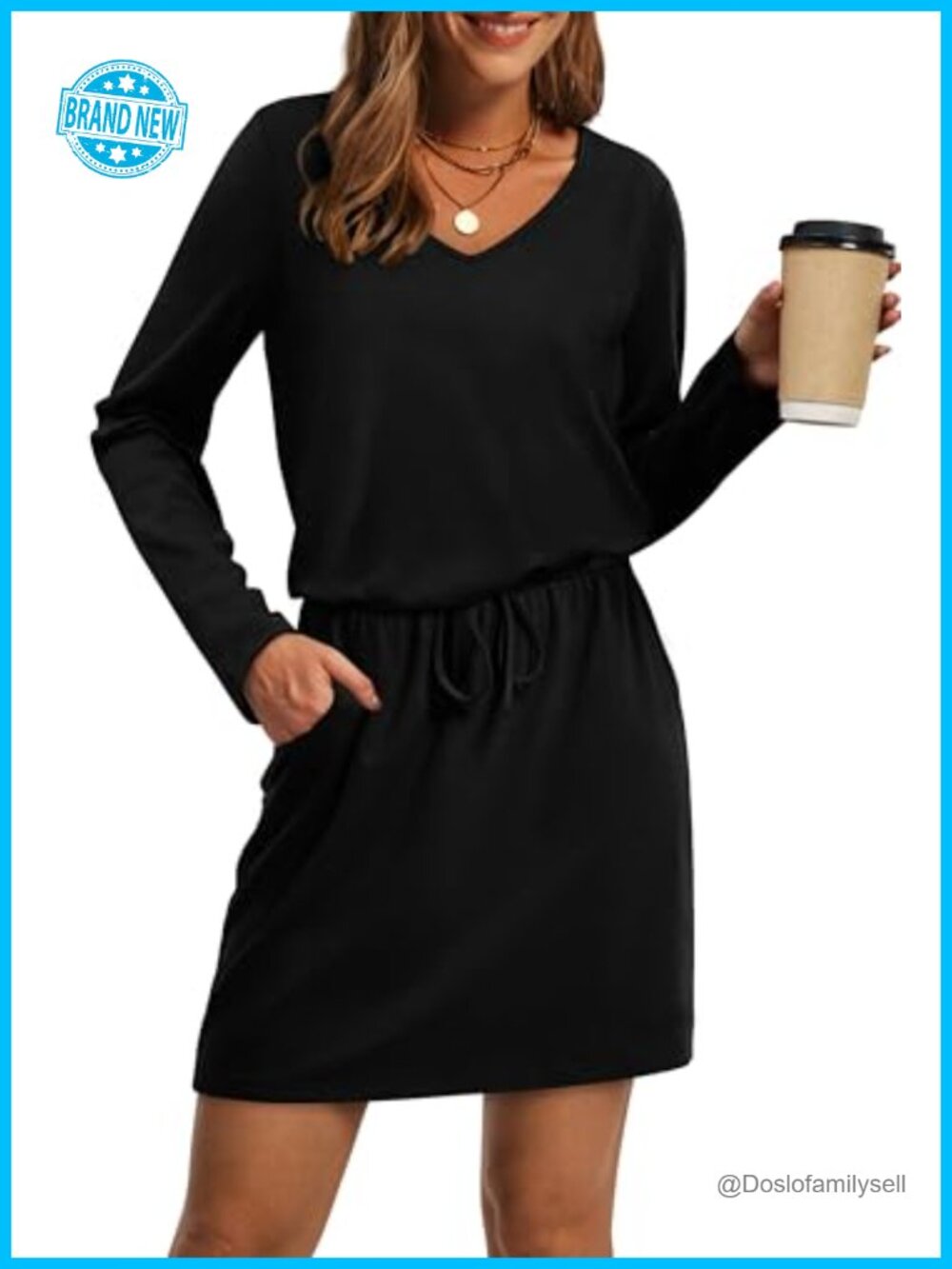Loose V Neck Long Sleeve T Shirt Dress Tie Front A-Line Casual Fall